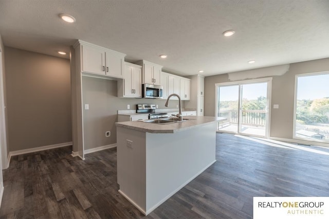 kitchen with sink, white cabinets, stainless steel appliances, and a center island with sink