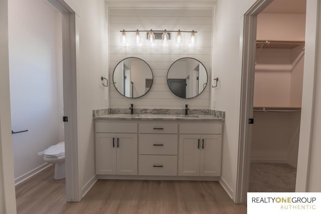 bathroom featuring toilet, vanity, and hardwood / wood-style flooring