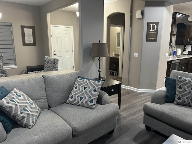 living room with dark hardwood / wood-style flooring and sink