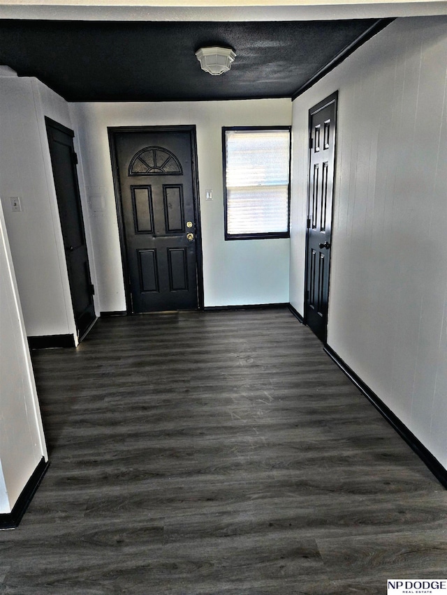 foyer entrance featuring crown molding and dark wood-type flooring