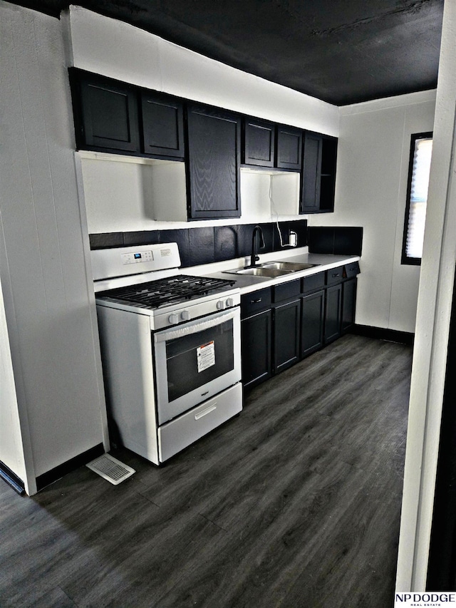 kitchen with stainless steel range with gas cooktop, sink, and dark wood-type flooring