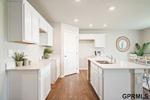 kitchen with white cabinetry, sink, an island with sink, and dark wood-type flooring