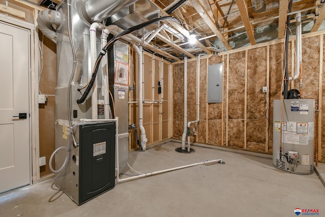 utility room with electric panel, gas water heater, and heating unit