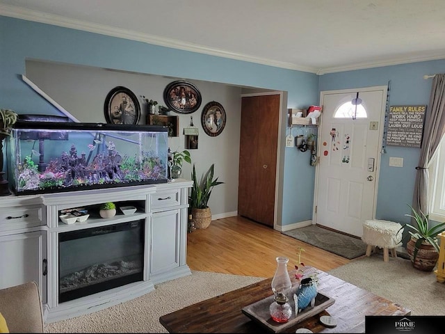 living room featuring light wood-type flooring and ornamental molding