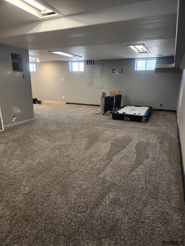 basement with electric panel, plenty of natural light, and carpet