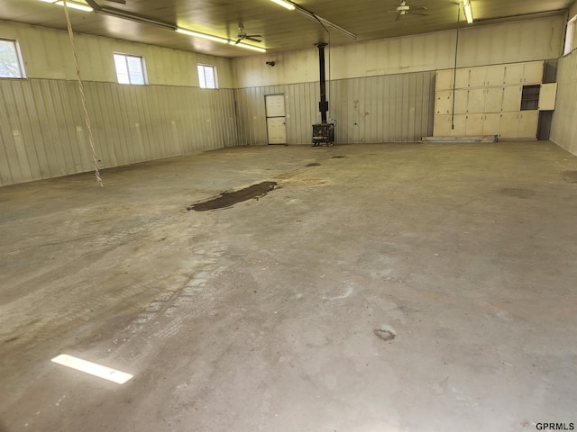 garage featuring a wood stove