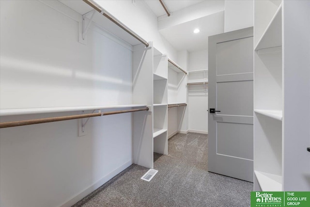 walk in closet with light colored carpet