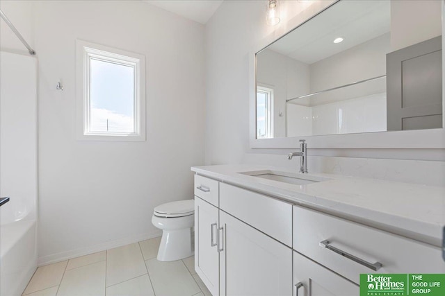 full bathroom with vanity, bathing tub / shower combination, and toilet