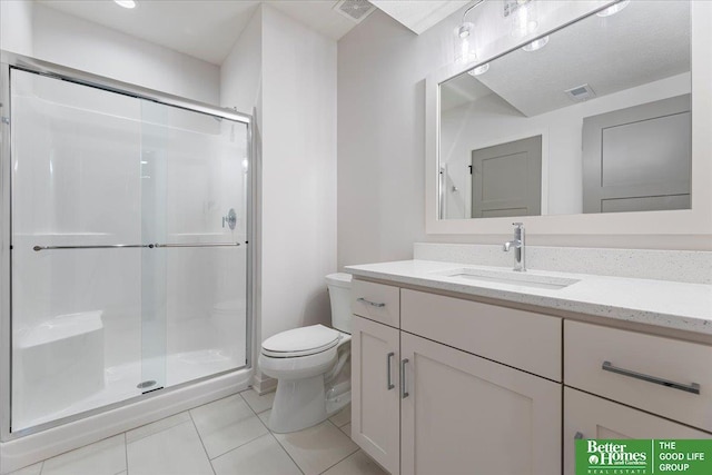 bathroom with tile patterned flooring, vanity, toilet, and a shower with shower door