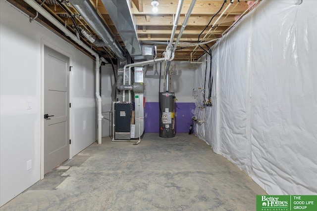 basement with gas water heater and heating unit