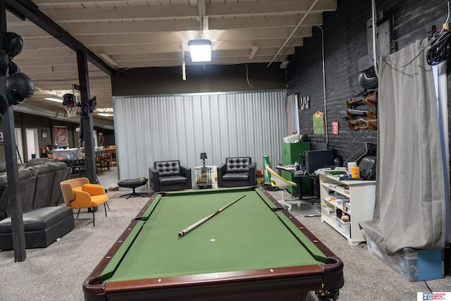 recreation room with carpet flooring and billiards