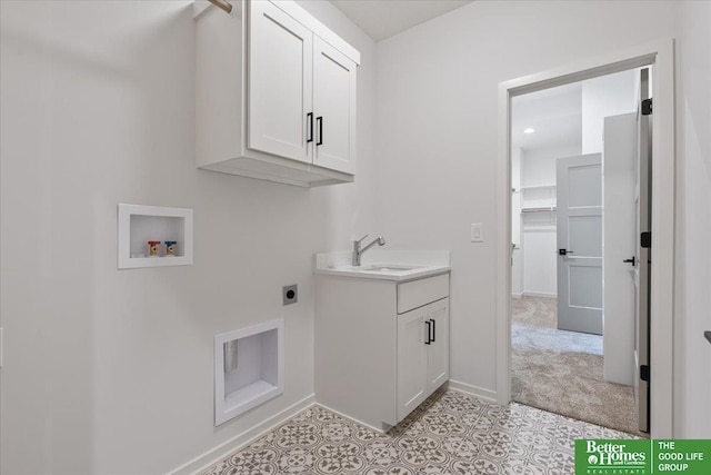 clothes washing area with cabinets, washer hookup, light carpet, electric dryer hookup, and sink