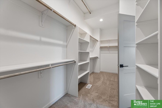 walk in closet featuring light colored carpet