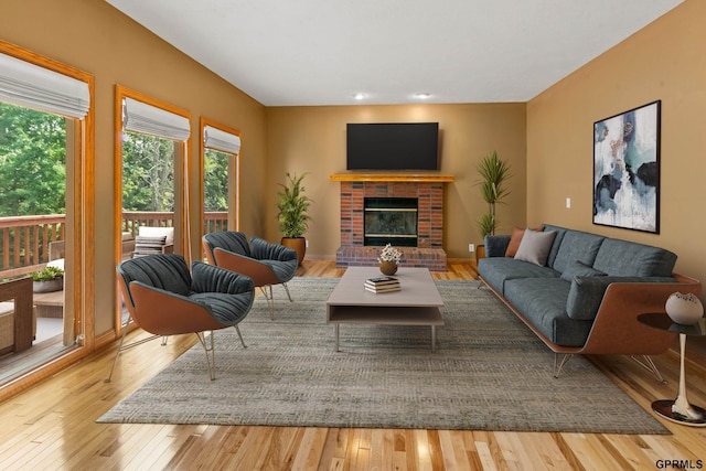 living room with a fireplace and light hardwood / wood-style flooring