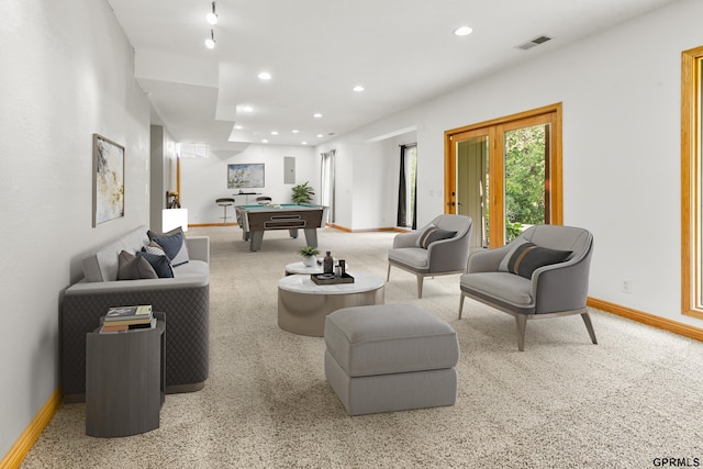 living room featuring carpet and pool table