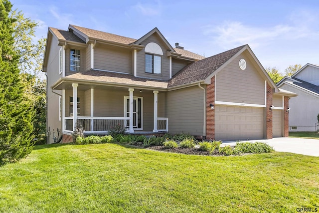 view of front facade with a front lawn, a porch, and a garage