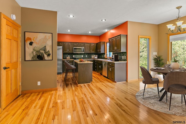 kitchen featuring tasteful backsplash, dark brown cabinetry, stainless steel appliances, sink, and a center island