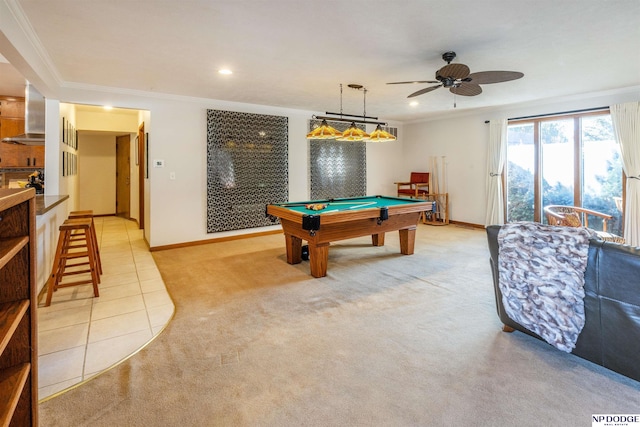 playroom with ceiling fan, light tile patterned floors, ornamental molding, and billiards