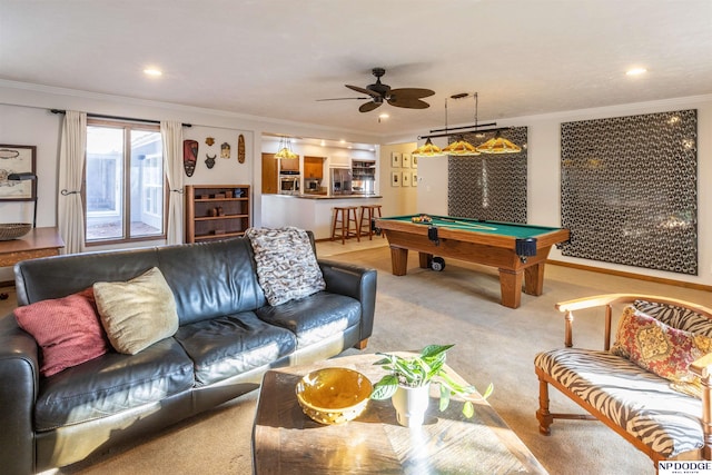 game room with ceiling fan, light carpet, ornamental molding, and billiards