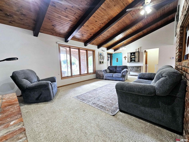 living room with carpet floors, high vaulted ceiling, ceiling fan, beamed ceiling, and wood ceiling