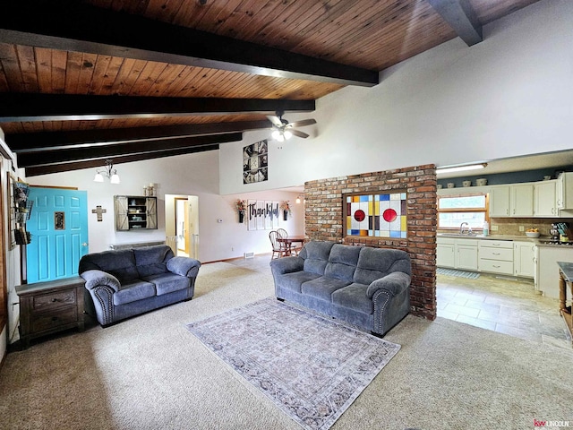 living room with ceiling fan, sink, lofted ceiling with beams, light colored carpet, and wood ceiling