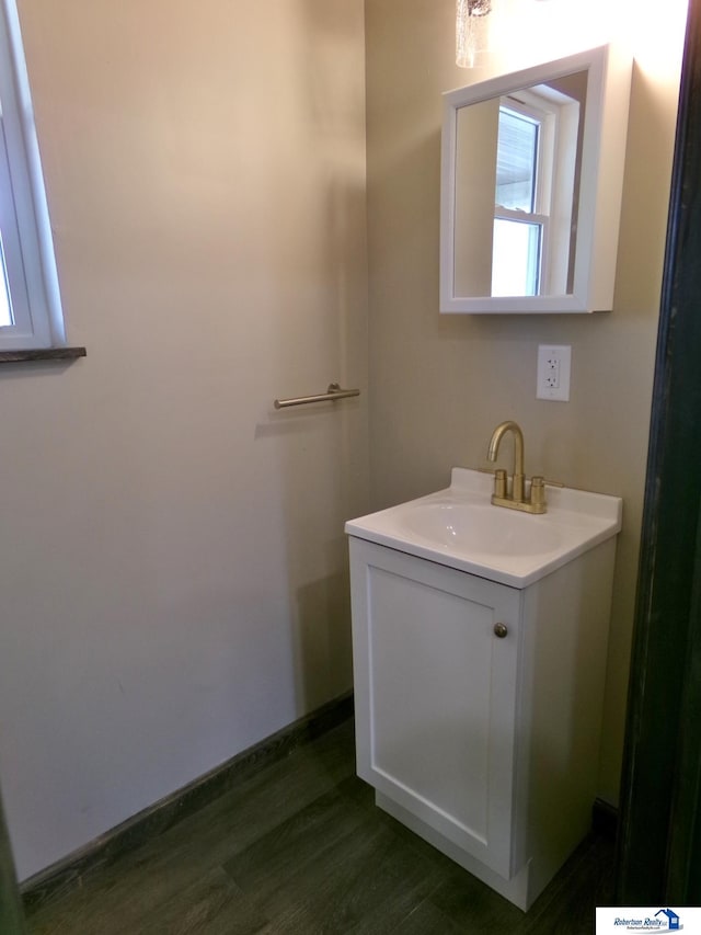 bathroom with vanity and wood-type flooring