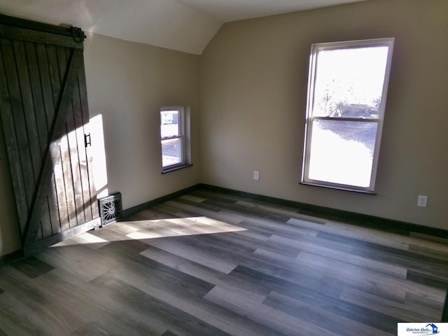 empty room featuring wood-type flooring and lofted ceiling