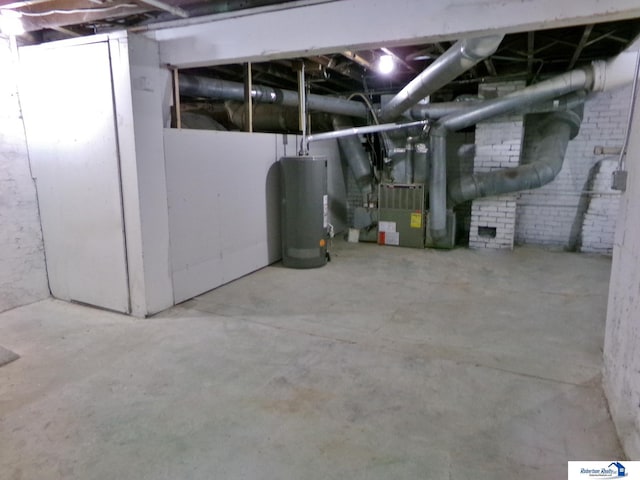 basement with heating unit and water heater