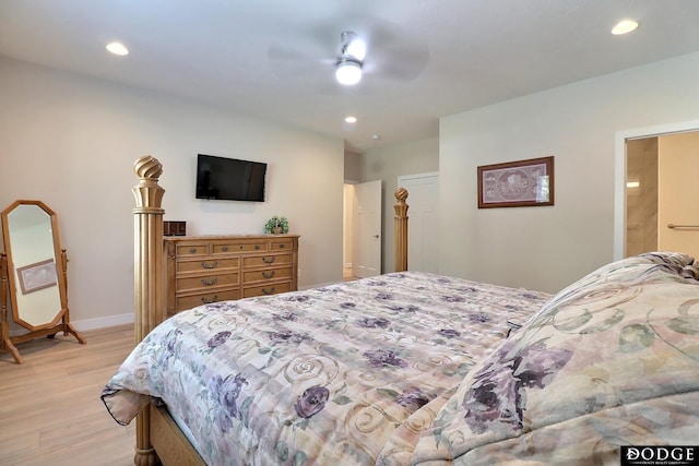 bedroom featuring ceiling fan and light hardwood / wood-style floors