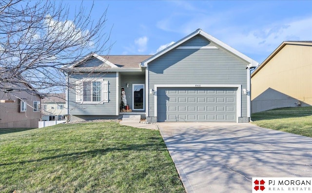 single story home with a garage and a front lawn