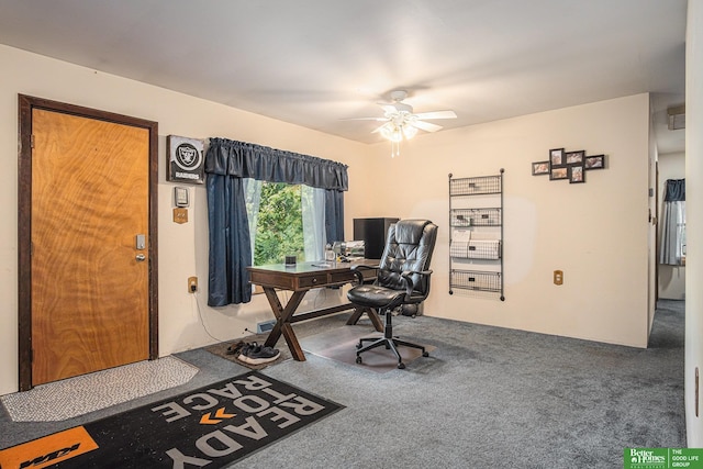 office area featuring carpet floors and ceiling fan