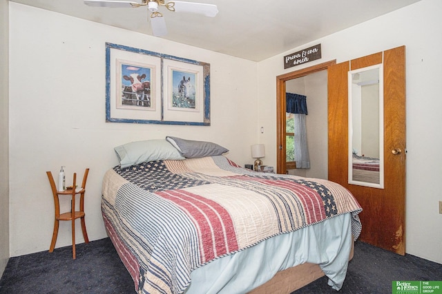 carpeted bedroom featuring ceiling fan