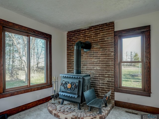 interior details with a textured ceiling and carpet floors