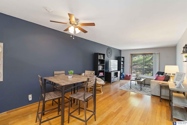 dining room with ceiling fan and light hardwood / wood-style flooring