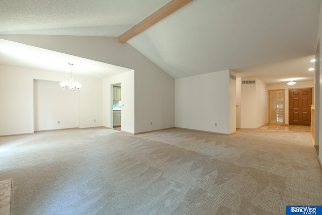 unfurnished living room featuring light carpet, a chandelier, and vaulted ceiling with beams