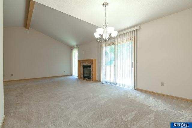 unfurnished living room with an inviting chandelier, lofted ceiling with beams, and light carpet