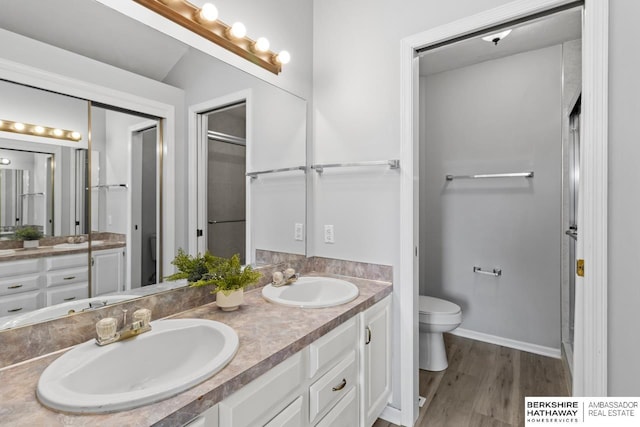 bathroom with hardwood / wood-style flooring, vanity, and toilet