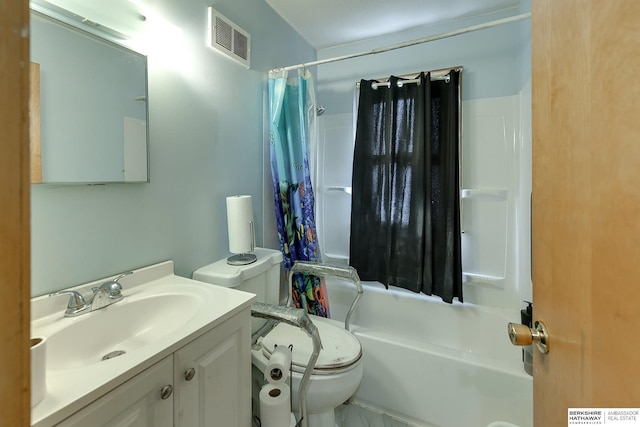 full bathroom with toilet, shower / tub combo, and vanity