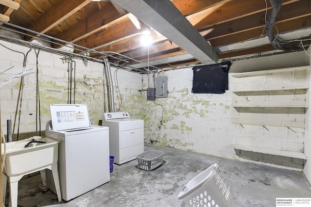 laundry area with washer and dryer, sink, and electric panel