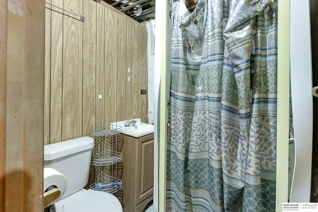 bathroom with toilet, wooden walls, and sink