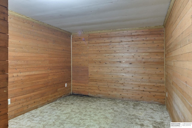 unfurnished room with wooden walls and light carpet