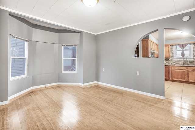 spare room featuring ornamental molding, light hardwood / wood-style floors, and sink