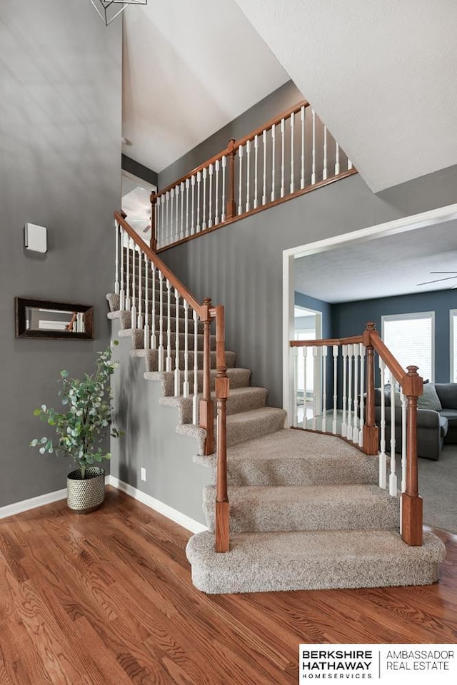 staircase with hardwood / wood-style flooring