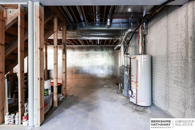 basement with brick wall and gas water heater