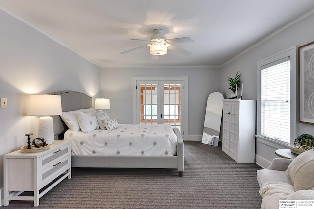 bedroom featuring ceiling fan, french doors, crown molding, and dark colored carpet