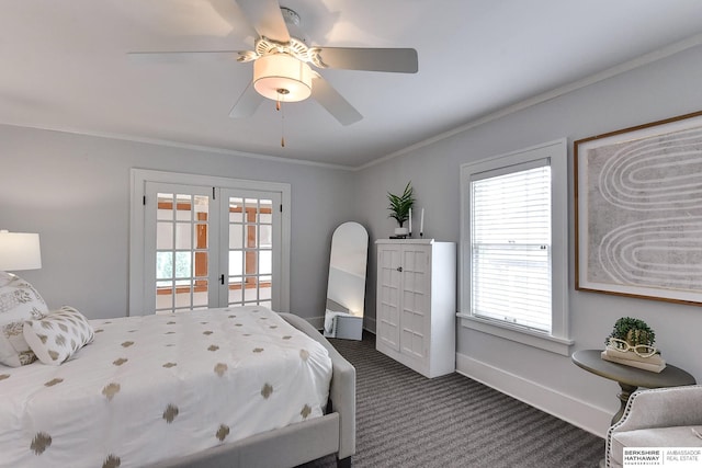 carpeted bedroom featuring ceiling fan, french doors, and ornamental molding