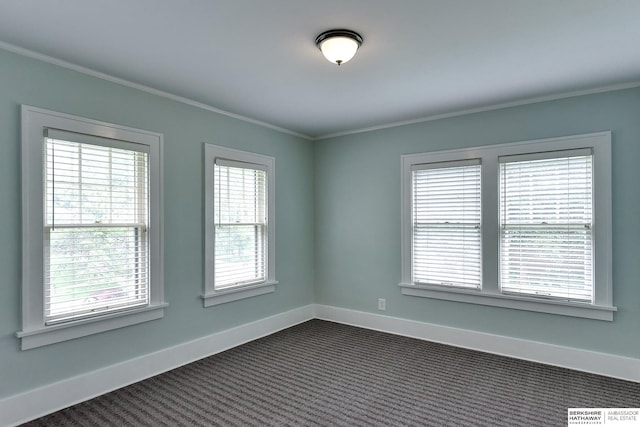 carpeted spare room with ornamental molding