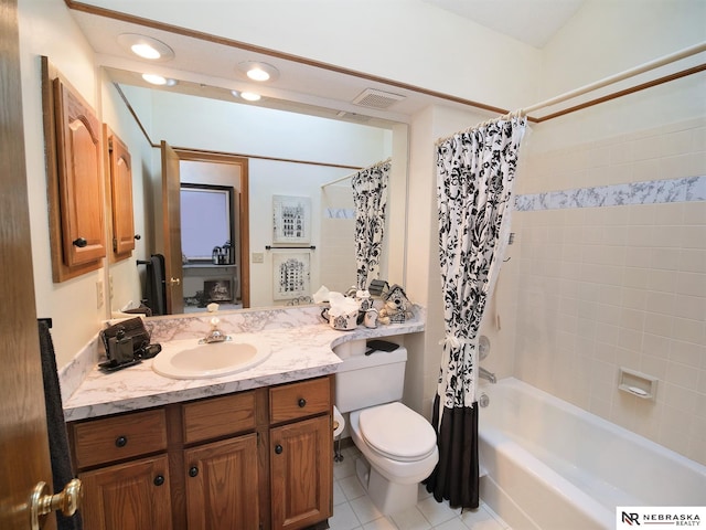 full bathroom with toilet, tile patterned flooring, shower / bath combination with curtain, and vanity