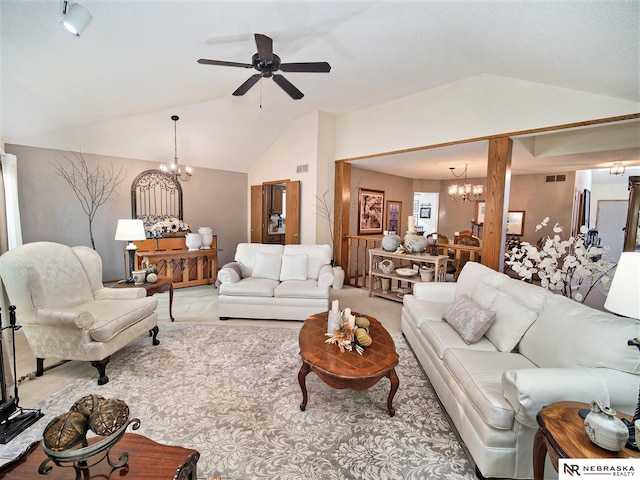 carpeted living room featuring ceiling fan with notable chandelier and vaulted ceiling