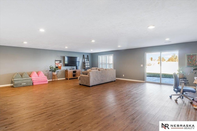 living room with a textured ceiling and hardwood / wood-style flooring